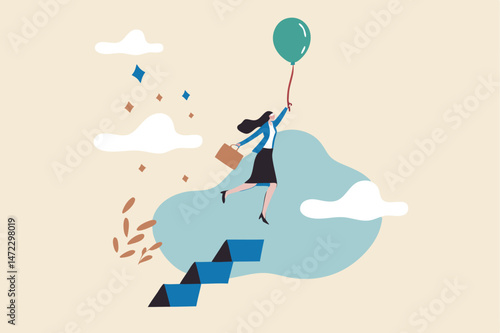Woman leadership to overcome struggle, female power to break boundary or limitation, freedom and opportunity concept, success businesswoman flying with air balloon from top of ladder or stairway.