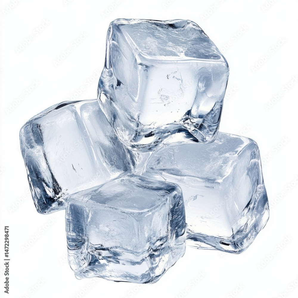 Obraz premium Four translucent ice cubes, glistening with frozen water, are piled together against a bright white background, showcasing their crystalline structure and icy texture. : Generative AI