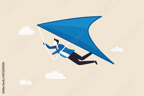 Business opportunity or aspiration to success in work and career, leadership to achieve target concept, ambitious businessman flying with glider high up to look for new business opportunity.
