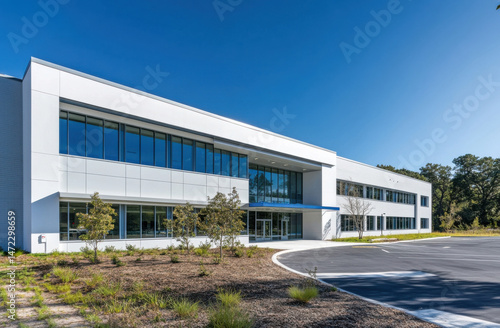 Wallpaper Mural Modern white office building with large windows and ample parking, showcasing a sleek and contemporary design aesthetic under a bright blue sky. : Generative AI Torontodigital.ca