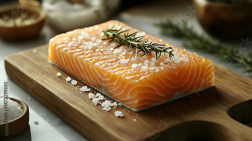 Fresh Salmon Fillet with Herbs and Sea Salt on Wooden Cutting Board