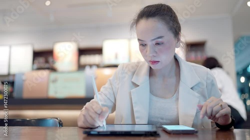 A woman is writing on a tablet with a pen. She is wearing a white jacket. A cell phone is on the table next to her