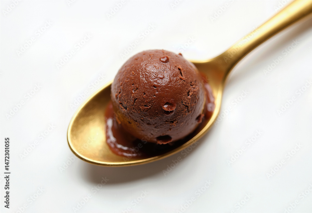 Fototapeta premium Golden Spoon & Melting Chocolate Delight: A Mouthwatering Top View of a Single Scoop on White, Showcasing Irresistible Texture and Tempting Sweetness. 