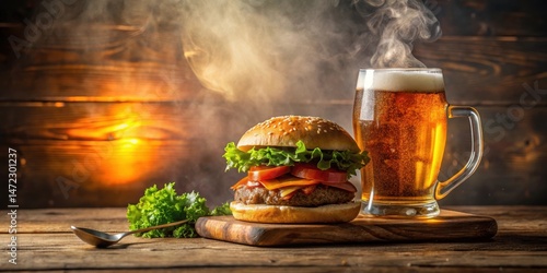 Wallpaper Mural A savory hamburger with melted cheese and fresh vegetables served alongside a frosty glass of beer on a rustic wooden table Torontodigital.ca