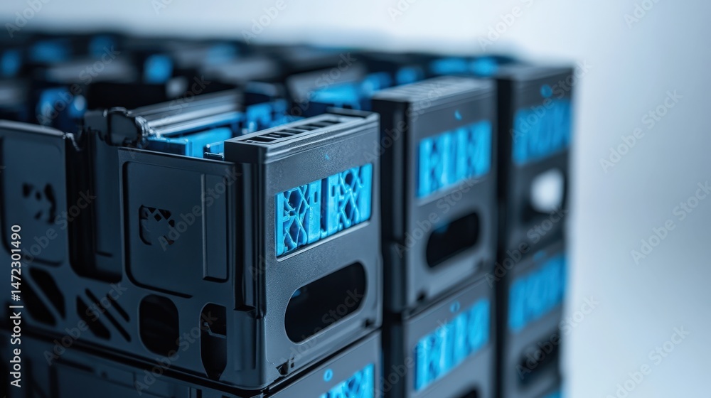 Close up view of stackable storage containers with blue accents Close up view of stackable storage containers with blue accents