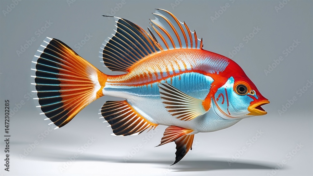 Fototapeta premium Photorealistic reef cardinalfish hovering with fins flared and mouth open, on white