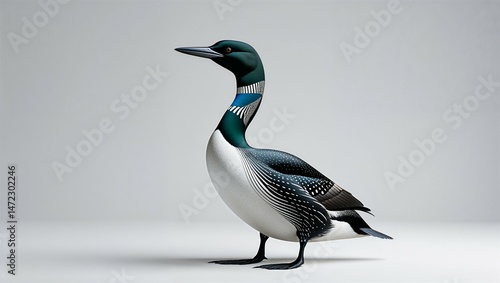 Stylized waterbird with a blue neck and black and white plumage on a pale background