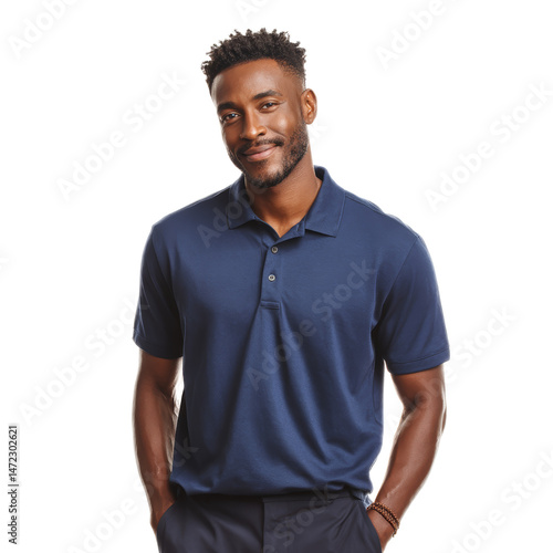 [Transparent Background PNG]African American Man in a Navy Polo Shirt