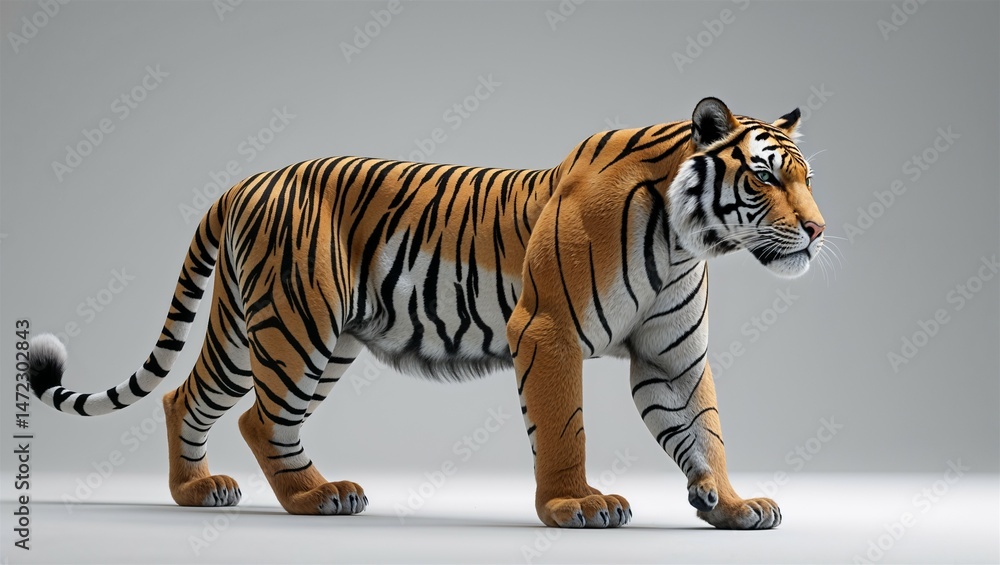 Obraz premium Photorealistic tiger in calm walking stance with striped coat and tail extended, on white