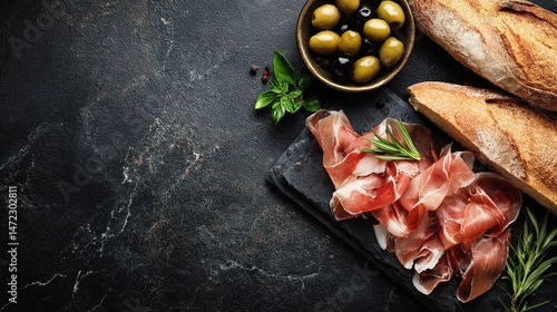 Top View of Prosciutto, Olives and Bread on Dark Slate Background
