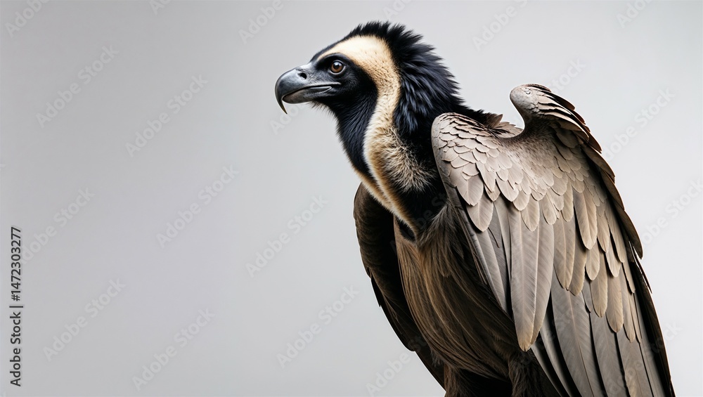 Side profile of Andean condor standing with wings folded and beak down, on white Side profile of Andean condor standing with wings folded and beak down, on white