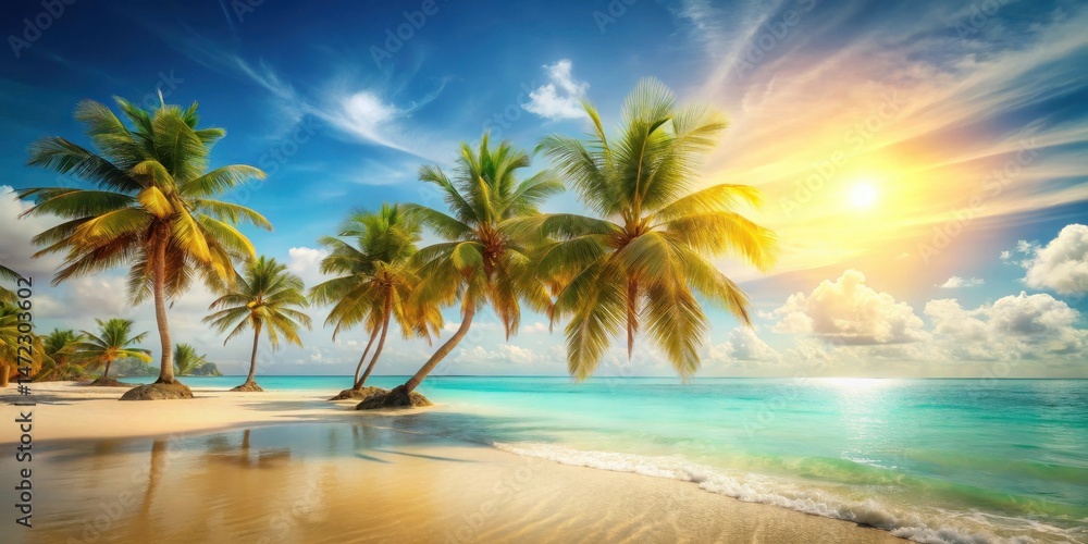 Obraz premium Serene Tropical Beach Scene at Sunrise with Palm Trees and Azure Ocean