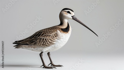 Side profile of snipe bird standing with long beak pointed down, body compact, on white