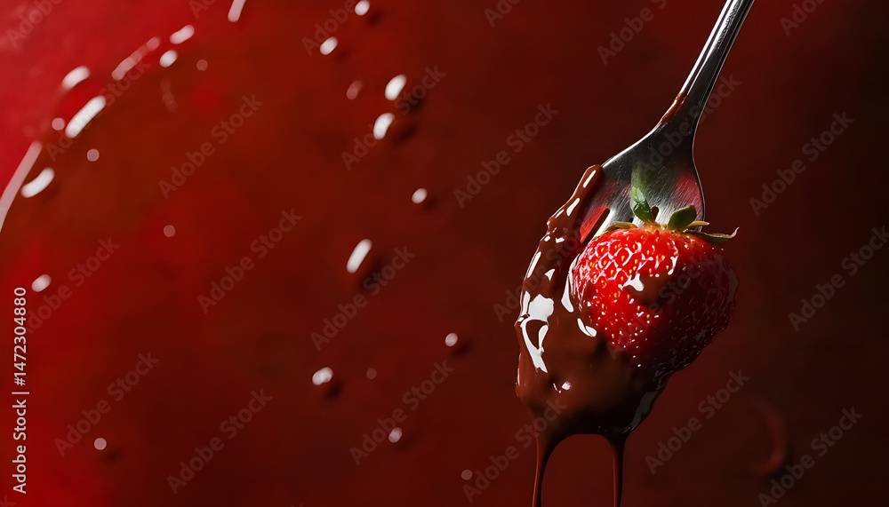 Strawberry with melted chocolate on fork above fondue, closeup. Space for text