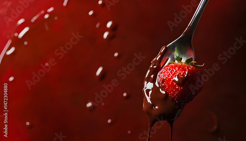 Obraz na płótnie Strawberry with melted chocolate on fork above fondue, closeup. Space for text w salonie
