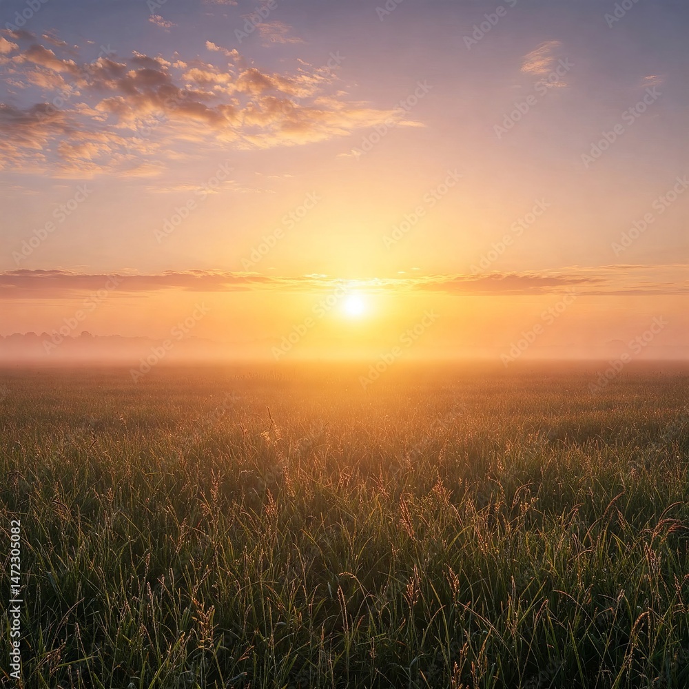 Fototapeta premium Sunrise Over Meadow with Lens Flare