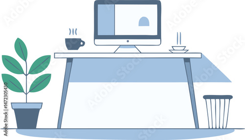 Minimalist vector illustration of a modern workspace desk with computer and office accessories