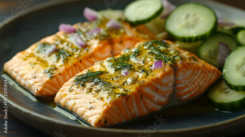 Freshly Cooked Salmon Fillets Garnished with Herbs and Vegetables