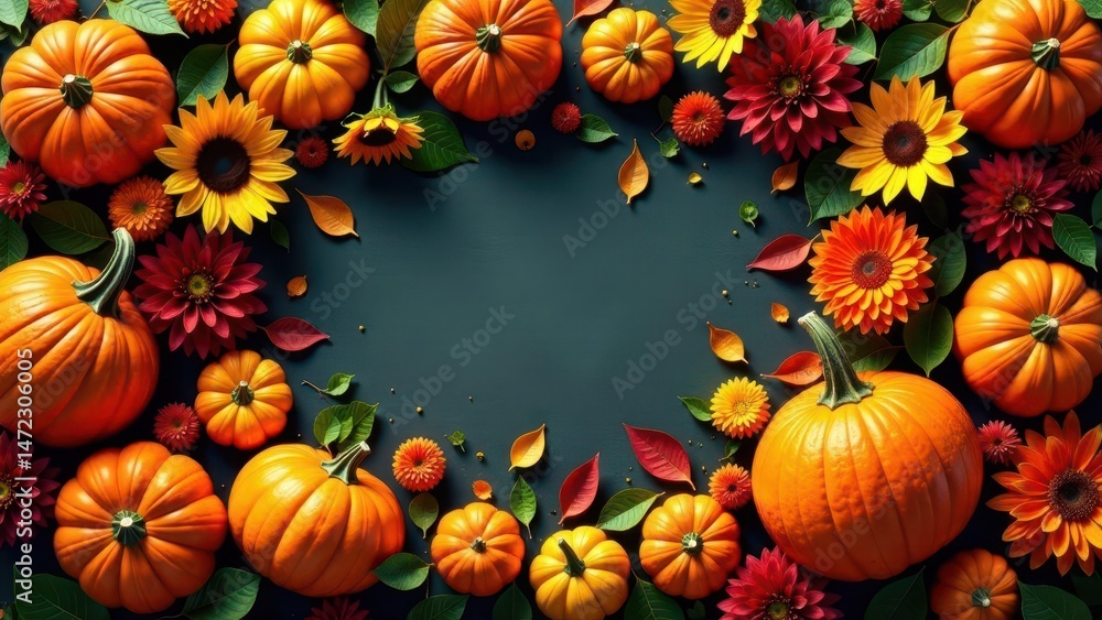 Autumnal Harvest Bounty A Festive Frame of Pumpkins and Sunflowers with Vibrant Fall Flowers Autumnal Harvest Bounty A Festive Frame of Pumpkins and Sunflowers with Vibrant Fall Flowers