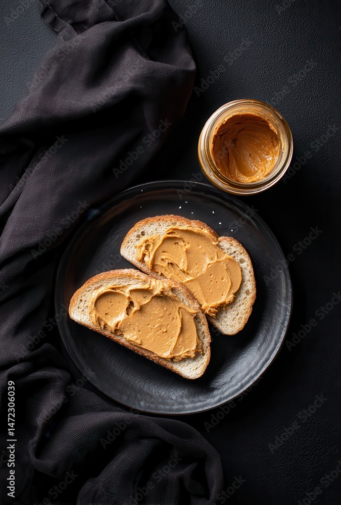 Fototapeta premium Slices of Bread Spread with Creamy Peanut Butter on a Dark Plate with a Black Cloth Background, Displaying Rustic and Delicious Breakfast Aesthetic