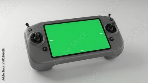 Drone remote controller with green screen display on white surface