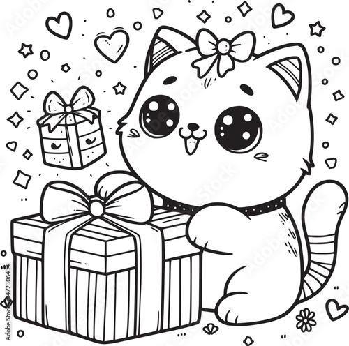 Cute kitten with gifts, hearts, and sparkles. vector