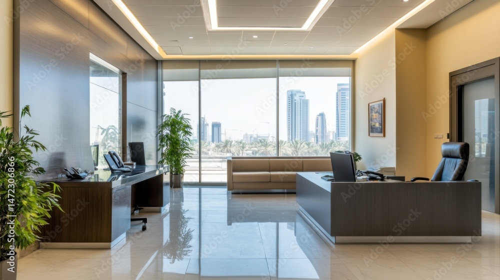Fototapeta premium Modern office interior with city view, featuring sleek desks, comfortable seating, and lush plants, creating a sophisticated and productive workspace. : Generative AI