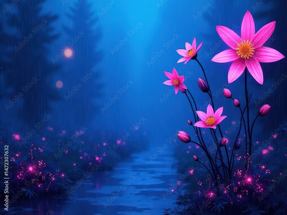 Obraz premium Beautiful pink flower garden with a path in the middle. The flowers are illuminated by a light abstract background and texture