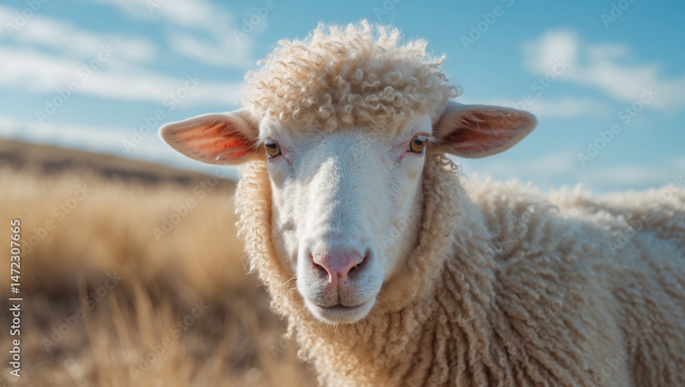 Fototapeta premium Fluffy White Sheep Headshot Against a Blue Sky 