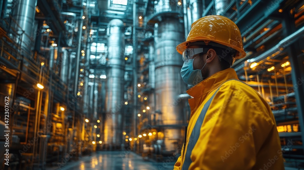 Worker in safety gear observes a large industrial facility with metallic structures and lights Worker in safety gear observes a large industrial facility with metallic structures and lights