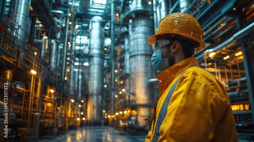 Worker in safety gear observes a large industrial facility with metallic structures and lights