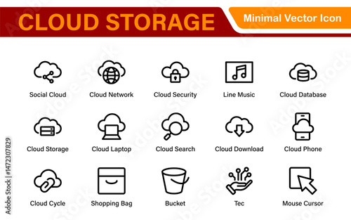 Cloud Storage Backup Icon Set – Minimal Outline Vector Illustrations for Secure Data, Sync, Upload, and File Protection – Modern Line Icons