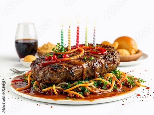 Gourmet Steak Dinner with Candles, Birthday Feast