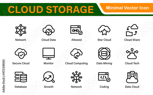 Cloud Storage Backup Icon Set – Minimal Outline Vector Illustrations for Secure Data, Sync, Upload, and File Protection – Modern Line Icons