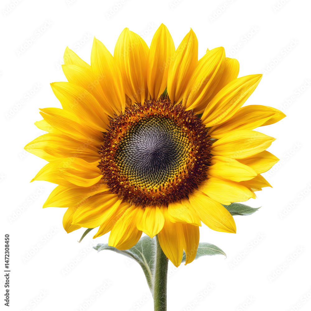 Fototapeta premium Bright yellow sunflower with dark center in full bloom on transparent background