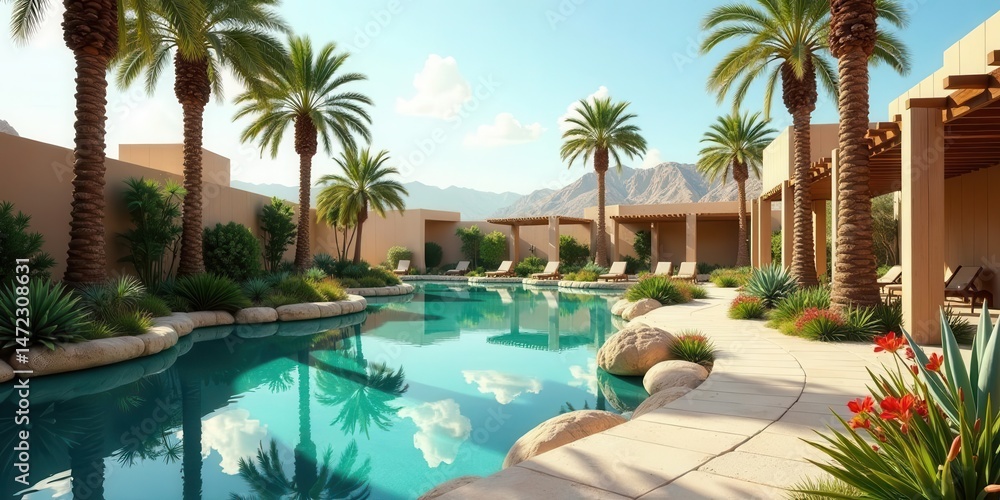 Fototapeta premium Serene Oasis Luxury Resort Poolside Relaxation with Palm Trees and Sun-Drenched Patio