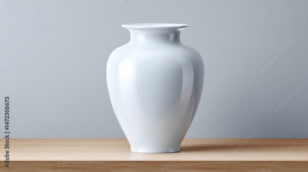 An elegant white ceramic vase with a smooth, glossy finish stands gracefully on a light brown wooden surface against a muted grey backdrop in a minimalist setting. An elegant white ceramic vase with a smooth, glossy finish stands gracefully on a light brown wooden surface against a muted grey backdrop in a minimalist setting.