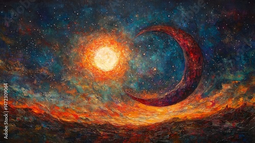 Cosmic Landscape Painting with Crescent Moon and Sun