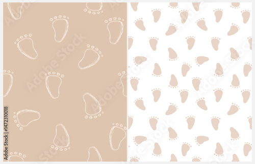Cute Hand Drawn Baby Shower Wallpaper. Little Baby Feet Isolated on a White And Beige Background. Seamless Vector Pattern with Little Baby Feet Ideal For Baby Boy And Baby Girl. Gender Neutral. 