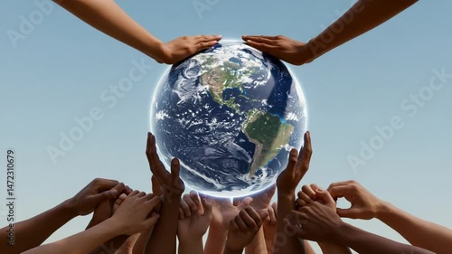 Diverse hands united holding globe for environmental support