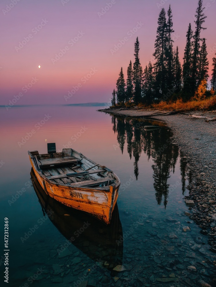 Obraz premium Serene twilight scene featuring a weathered yellow rowboat gently resting on calm lake water, with a full moon visible in the pinkish-purple sky above a shoreline of coniferous trees. : Generative AI