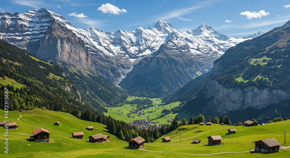 Idyllic Alpine Landscape with Snow Mountains and Chalets Idyllic Alpine Landscape with Snow Mountains and Chalets