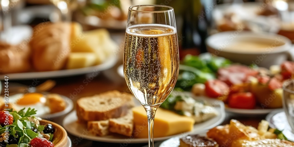 Champagne glass foreground with table of fruits, bread, egg dishes in background. Champagne glass foreground with table of fruits, bread, egg dishes in background.