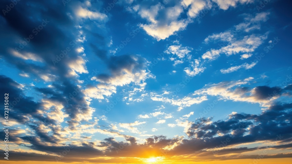 Fototapeta premium Dramatic sunset sky with vibrant orange and blue hues, featuring a mix of fluffy white clouds and darker storm clouds, creating a breathtaking natural scene. : Generative AI