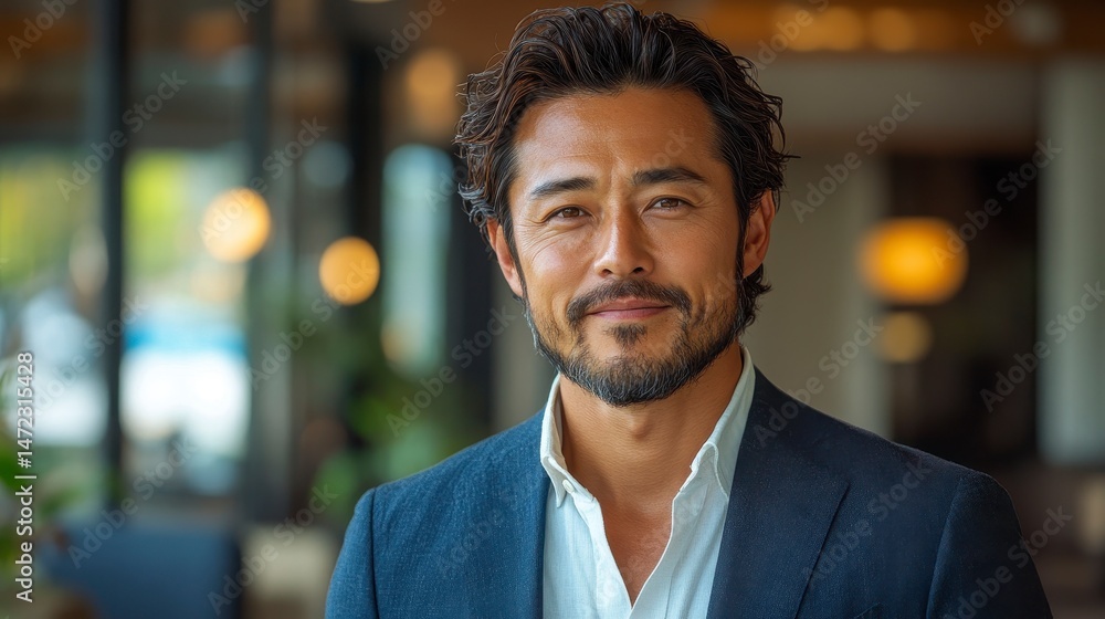 Man smiles in a blazer, blurred background Man smiles in a blazer, blurred background