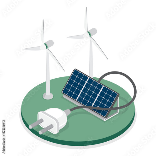 Solar and wind renewable energy source icon. Green energy symbol. Isometric vector Illustration isolated on white background.