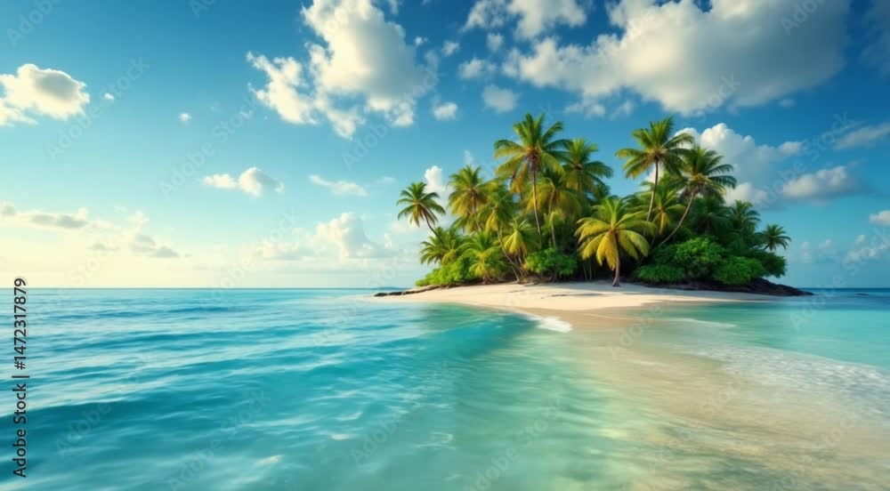 Tropical island paradise with turquoise waters and palm trees under a clear blue sky Tropical island paradise with turquoise waters and palm trees under a clear blue sky