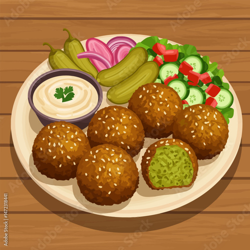 Serving of Falafel with Fresh Salad and Pickled Vegetables on Plate