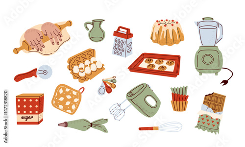 Set retro kitchen tools for baking Hand drawn of vintage kitchenware, utensils, ingredients set. Kitchen equipment, stuff for cooking cake. Molds, spoon, spatula, teapot, cup, plate, rolling pin