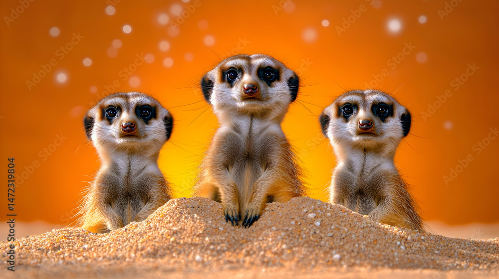 Fototapeta premium Three meerkats in a desert setting